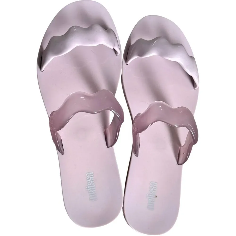 Melissa Pink Slide On Open Toe Two Strap Wavy Vegan Wind Sandals. 8.
